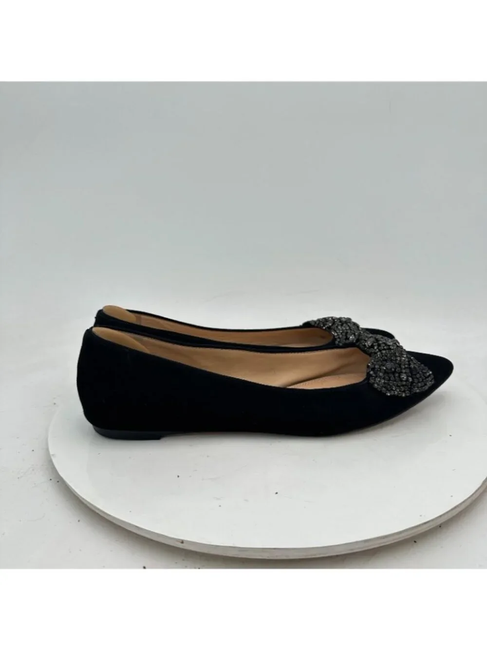 Tory Burch Vanessa Women Sz 8.5M Black Suede Pointed Toe Crystal Bow Flat Shoes